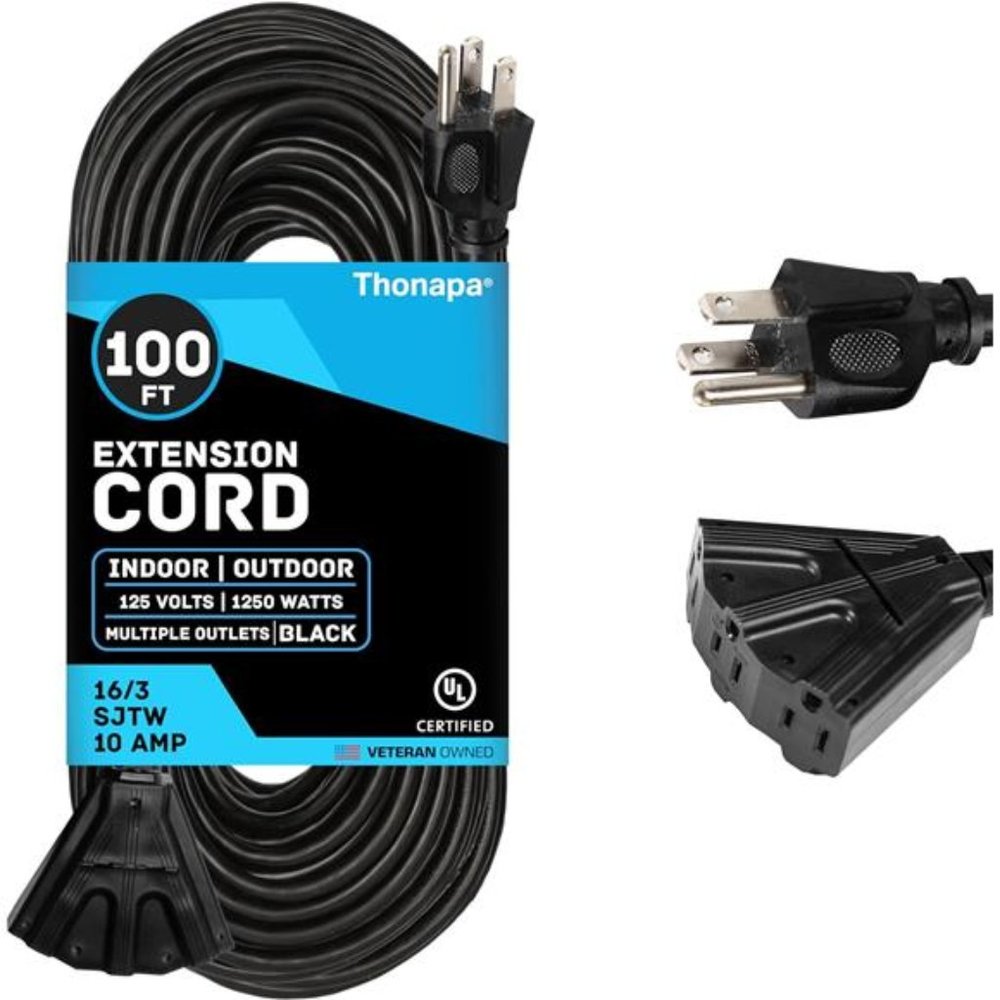 Weatherproof Black Extension Cord 100 Ft 3 Outlets, Extension Cord Outdoor